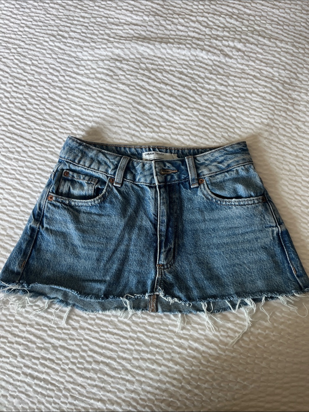 Garage Washed Blue Denim Mini Skirt with Frayed Hem